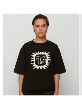 NWT The Wolf Gang Sol Sun Print T-Shirt Black Boxy Top L
